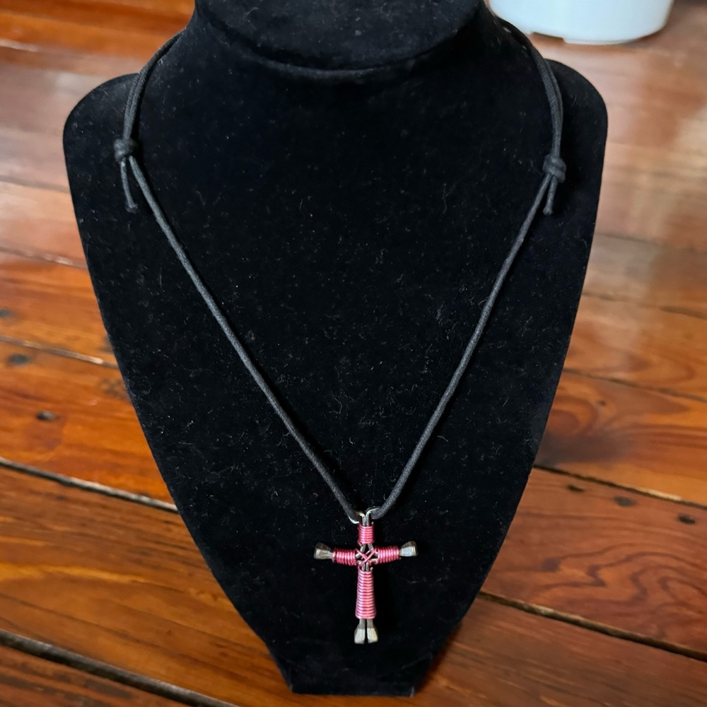 Pink Horseshoe Nail Disciple’s Cross Adjustable Leather Cord Necklace - Picture 5 of 7